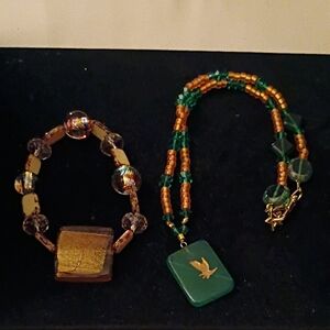 Green Pendant Necklace with Gold Accent Beads - Women’s Fashion Jewelry